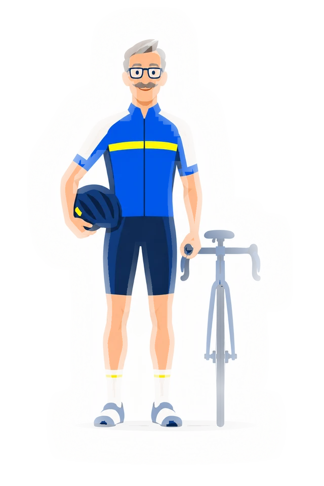 Bert kijkt je aan, van top tot teen. Hij houdt zijn helm en het stuur van zijn racefiets vast. De fiets staat recht van voren in beeld.