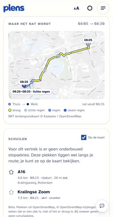 Thuis naar Werk via wegen en fietspaden. De tijden op de kaart laten zien wanneer je daar bent.